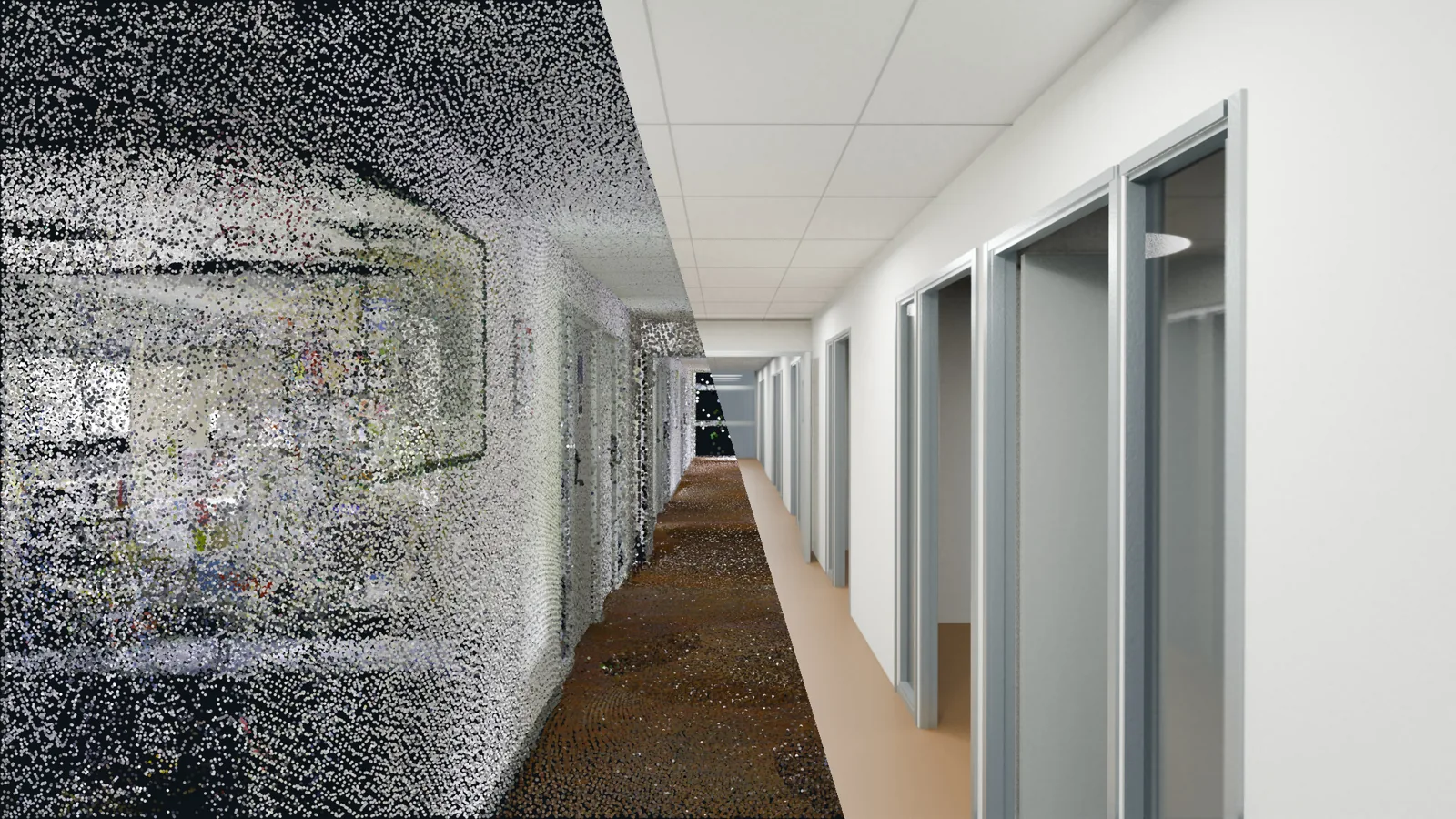 The same school corridor shown as captured point-cloud data on the left and reconstructed geometry on the right
